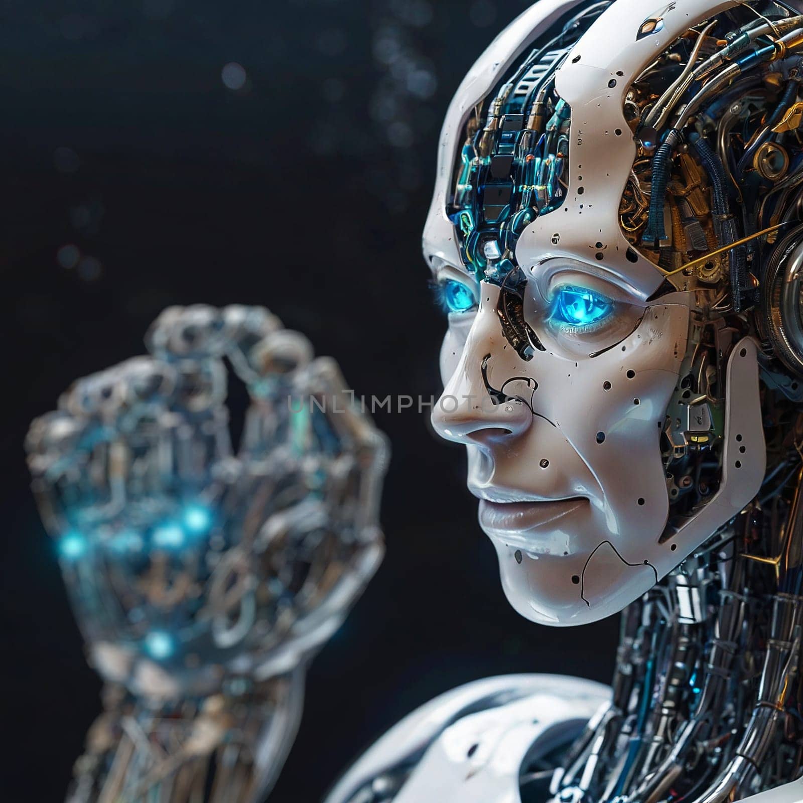 Portrait of a robot. Artificial intelligence. High quality photo. Artificial intelligence is taking over the world and replacing people at work.