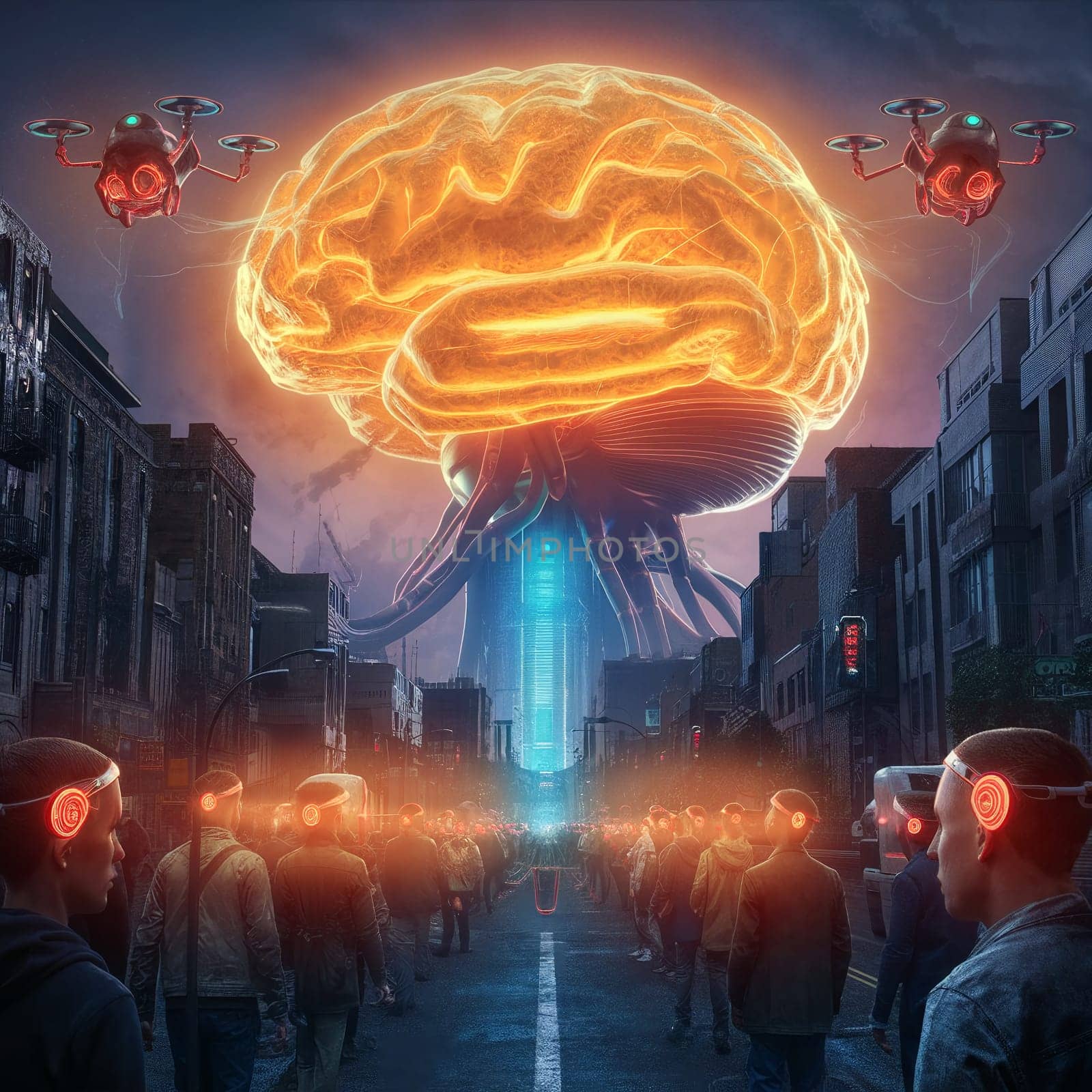 Artificial intelligence is taking over the world. High quality photo. A huge brain hangs over the city and controls people