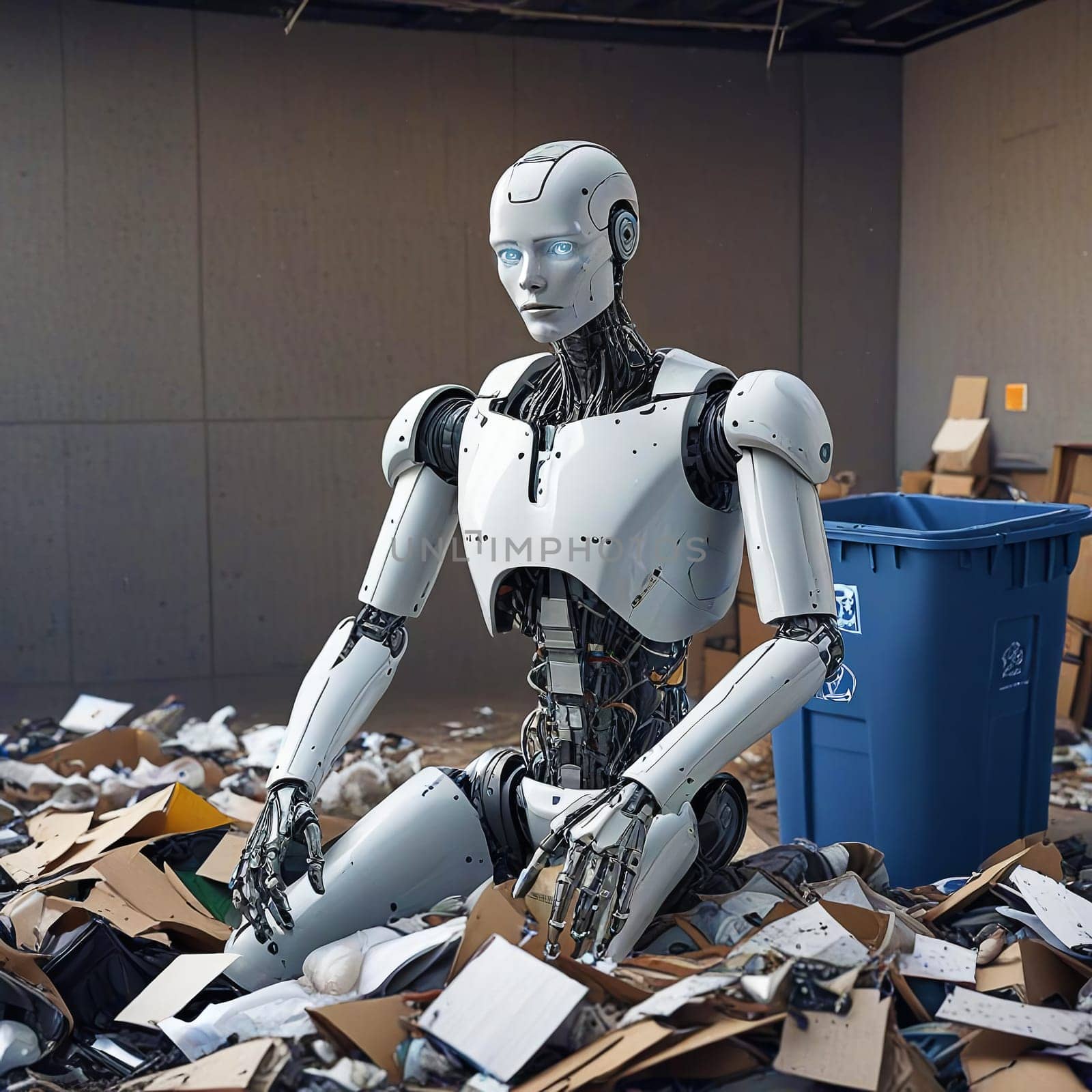A broken robot in a mountain of garbage. . Portrait of a robot. Artificial intelligence. High quality photo. Artificial intelligence is taking over the world and replacing people at work.
