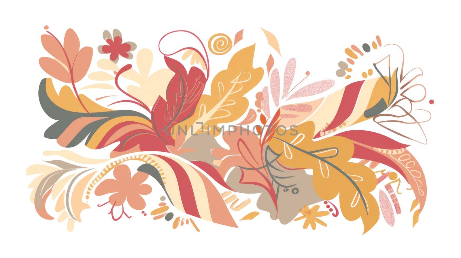 Abstract floral and swirls design on white background with leaves and flowers for beauty and art inspiration