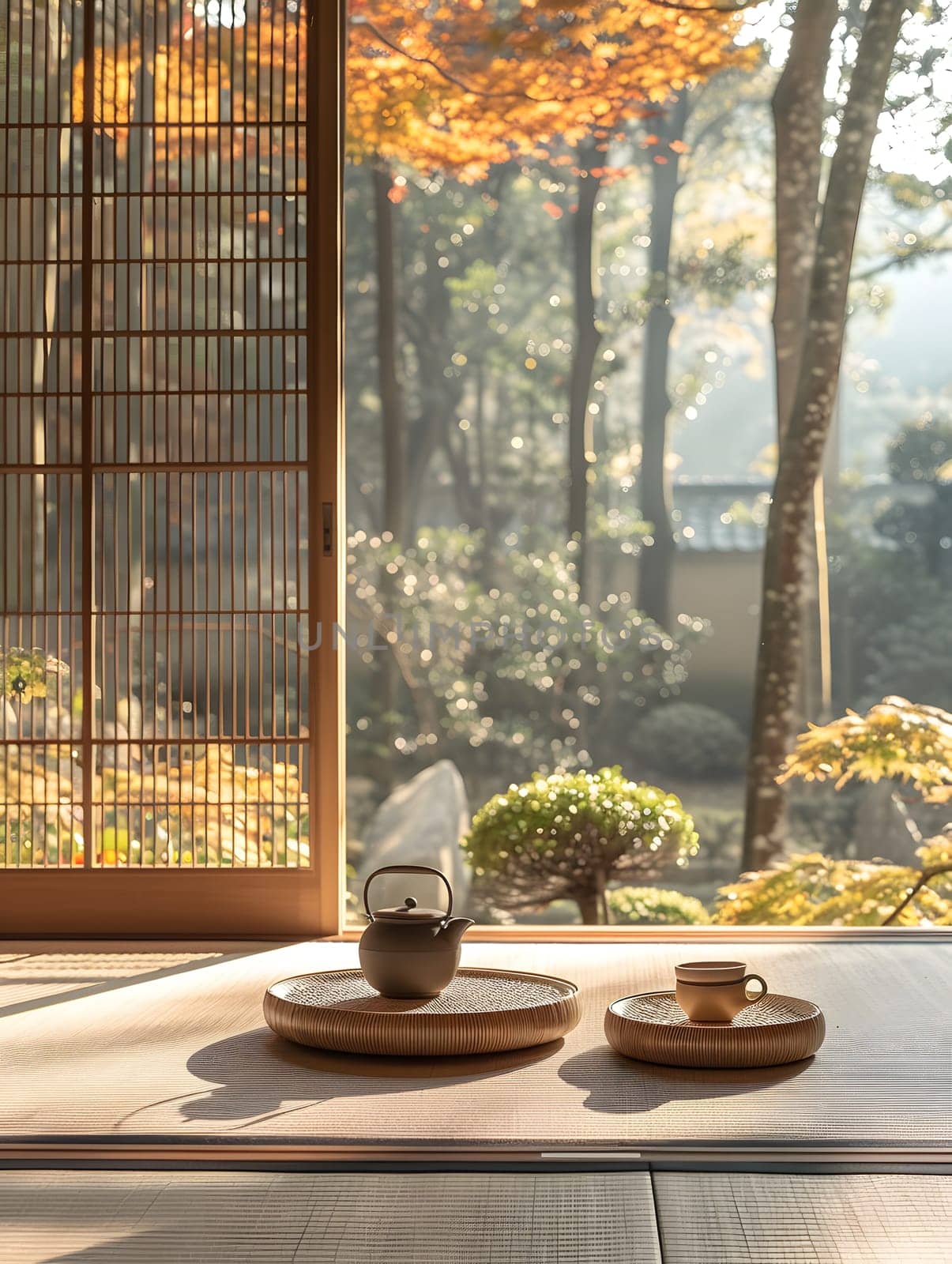 A tea set is elegantly displayed on a wooden table by a window overlooking the forest. The morning light casts beautiful shades through the glass, enhancing the interior design with a touch of nature