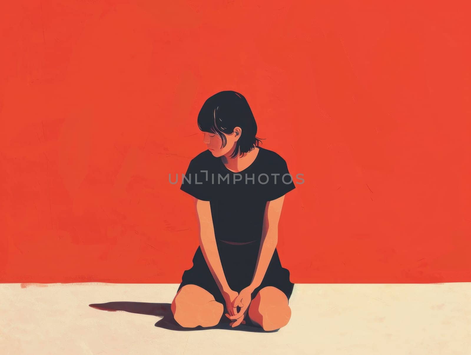 Young girl sitting on ground with folded hands in front of her in nature daylight beauty meditation concept illustration by Vichizh