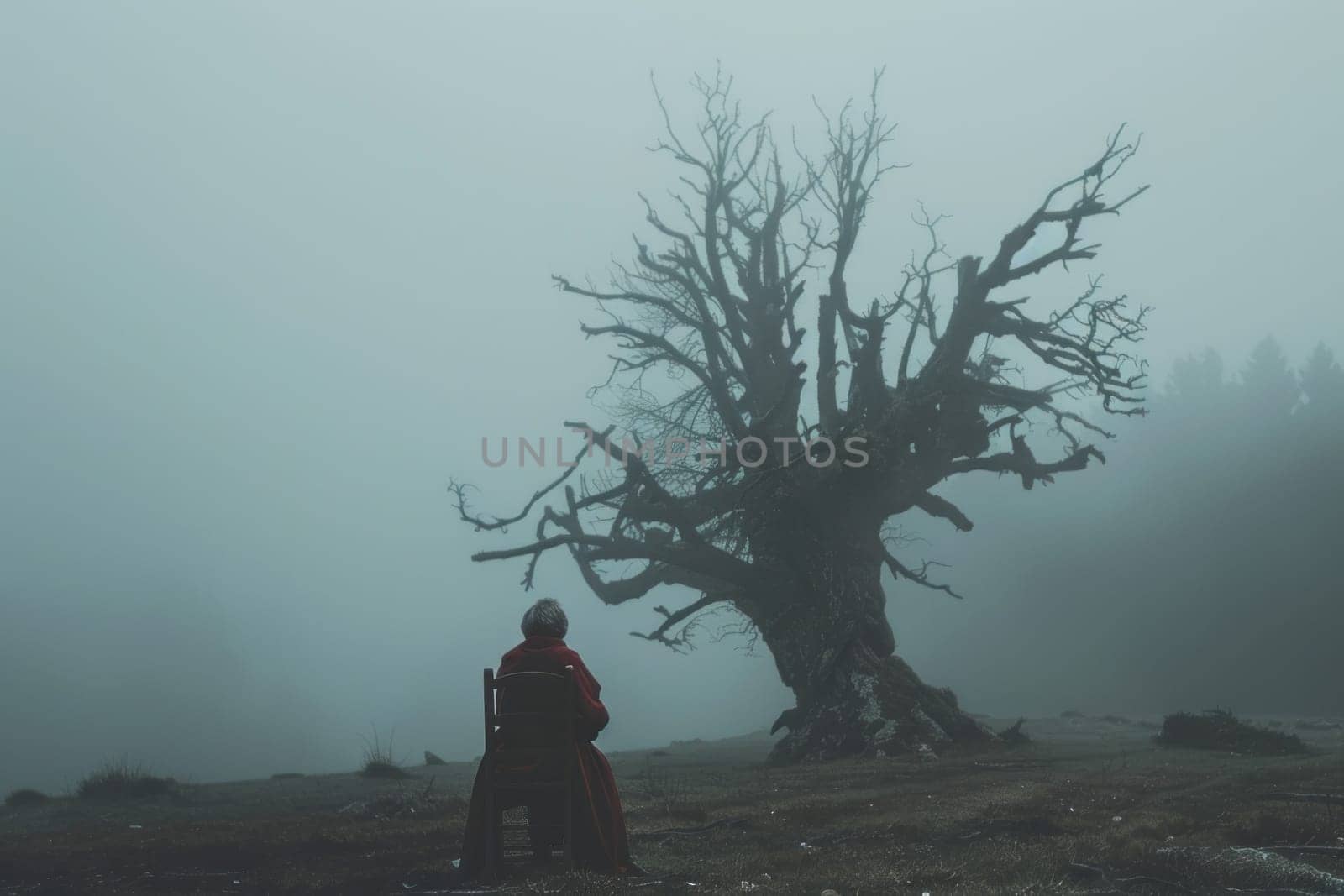 Solitude and reflection a person contemplating life on a foggy day by a dead tree on a chair