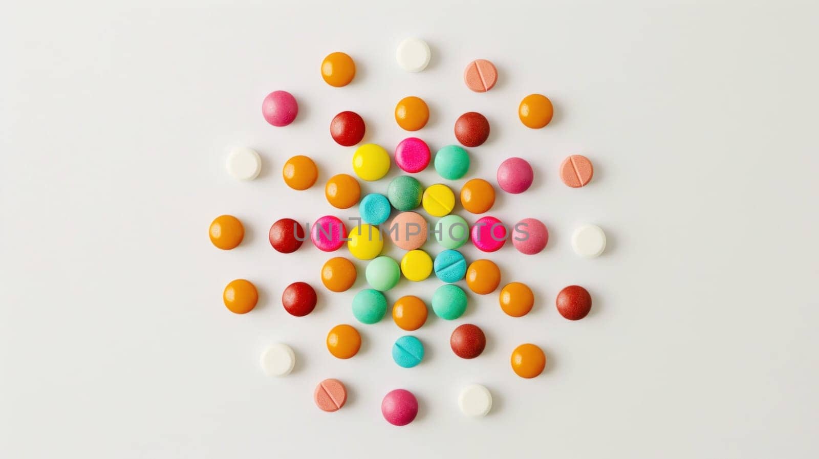 Circle of colorful health pills on white surface for medical concept with word health written by Vichizh