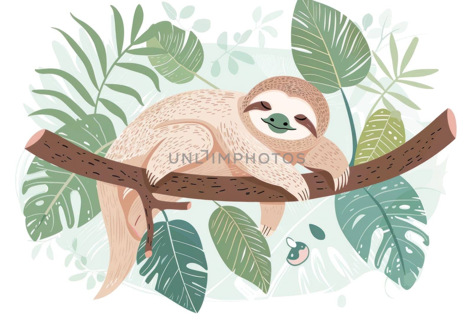 Sloth relaxing on tree branch surrounded by lush greenery in tropical jungle forest wildlife scene by Vichizh