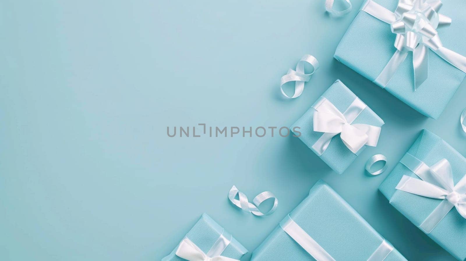 Elegant blue gift boxes with white ribbons on blue background for various occasions and celebrations