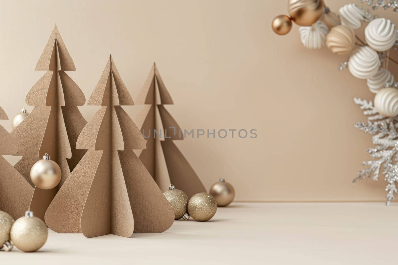 Cardboard christmas trees on beige background for holiday season decoration concept in 3d rendering