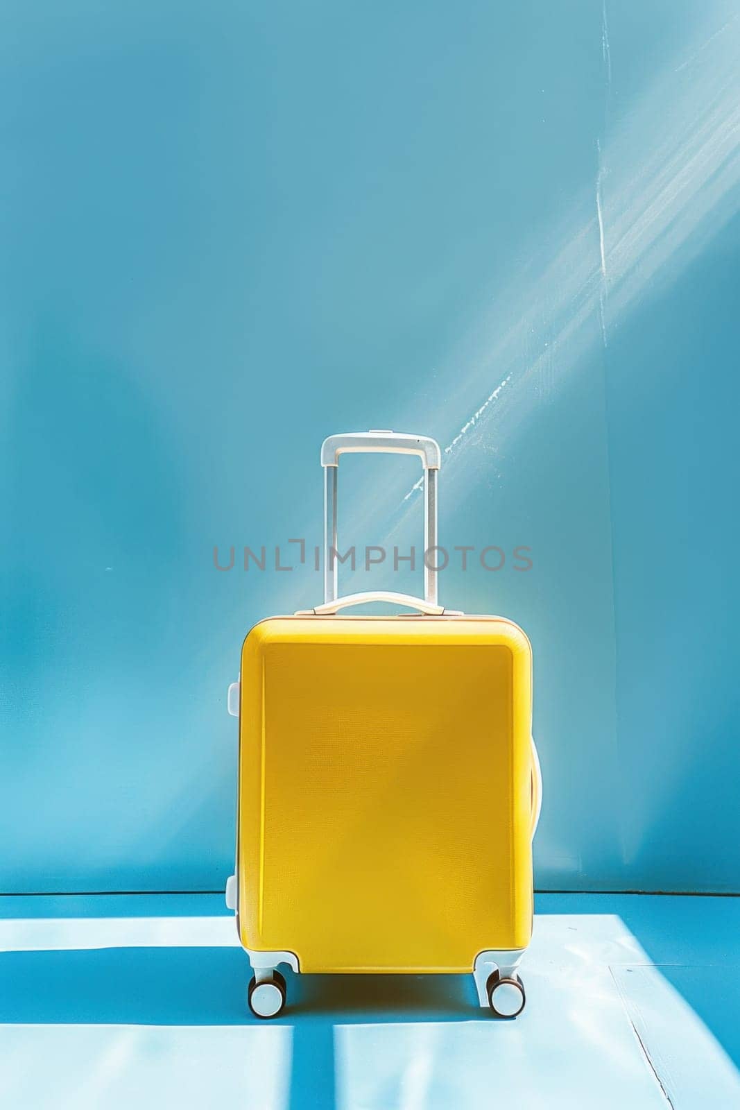 Travel essentials a bright yellow suitcase on blue surface under a shining light spotlight by Vichizh