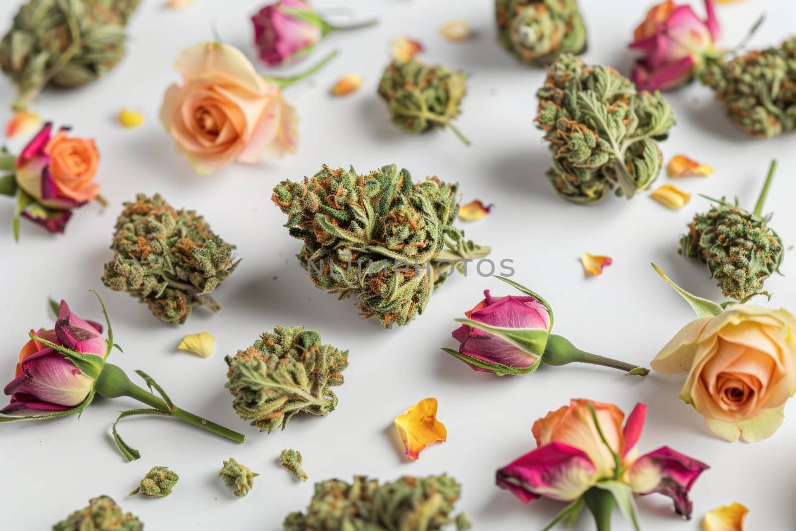 Cannabis flowers and rose petals on white background, top view, copy space for medical, beauty, and wellness concept