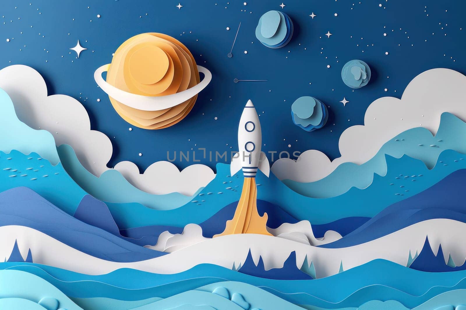 Rocket flying over ocean with planets in background in paper art style illustration for travel and adventure concept by Vichizh