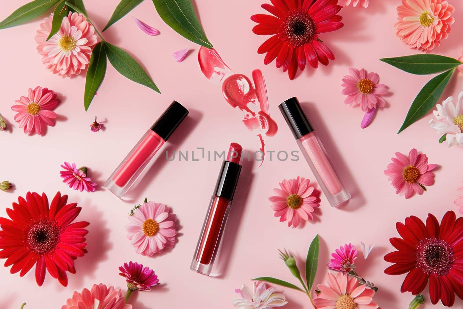Beauty and fashion essentials displayed on pink background with flowers and liquid lipstick, top view flat lay concept