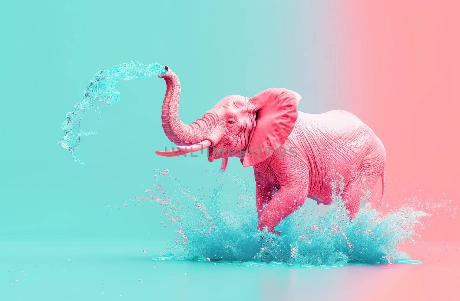 Pink elephant splashing water in a colorful background with splashes of blue and pink