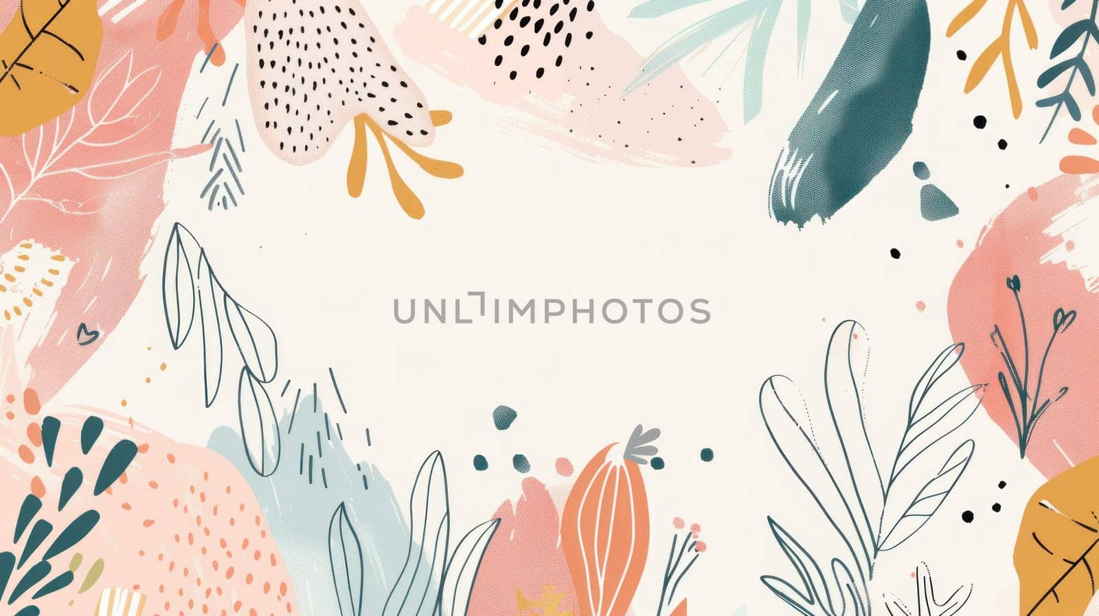 Colorful abstract background with leaves, flowers, and objects in pink, orange, and blue, inspired by nature and beauty