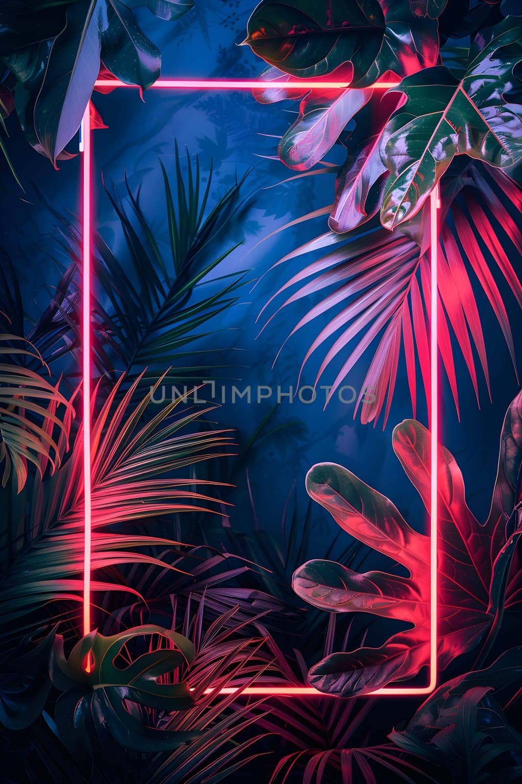 A neon frame radiates in the darkness, embraced by tropical leaves in electric blue and magenta hues. This artistic display in the forest evokes marine biology and the performing arts