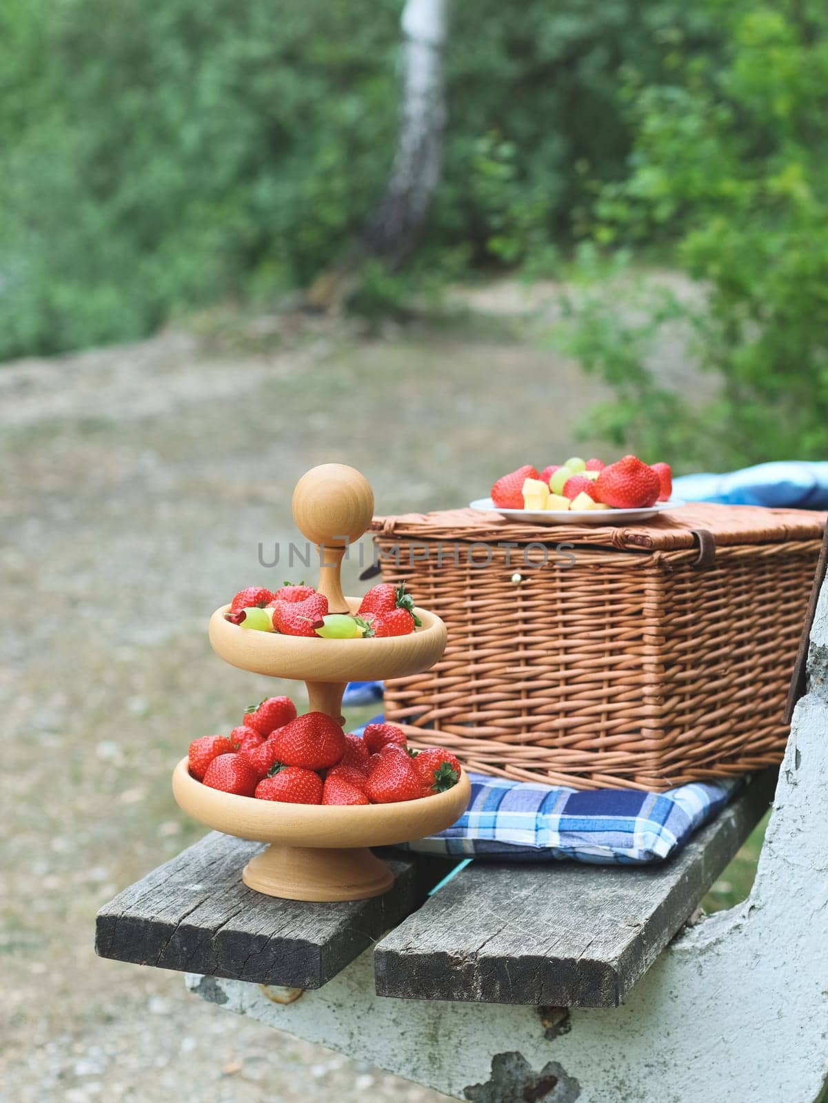 A two-tiered wooden plate with ripe red strawberries, grapes with cheese on skewers and a wicker picnic basket with pillows stand on a bench in the forest with a lake, close-up side view. Concept spring vacation, summer picnic, healthy food, fruit barbecue, postcard.