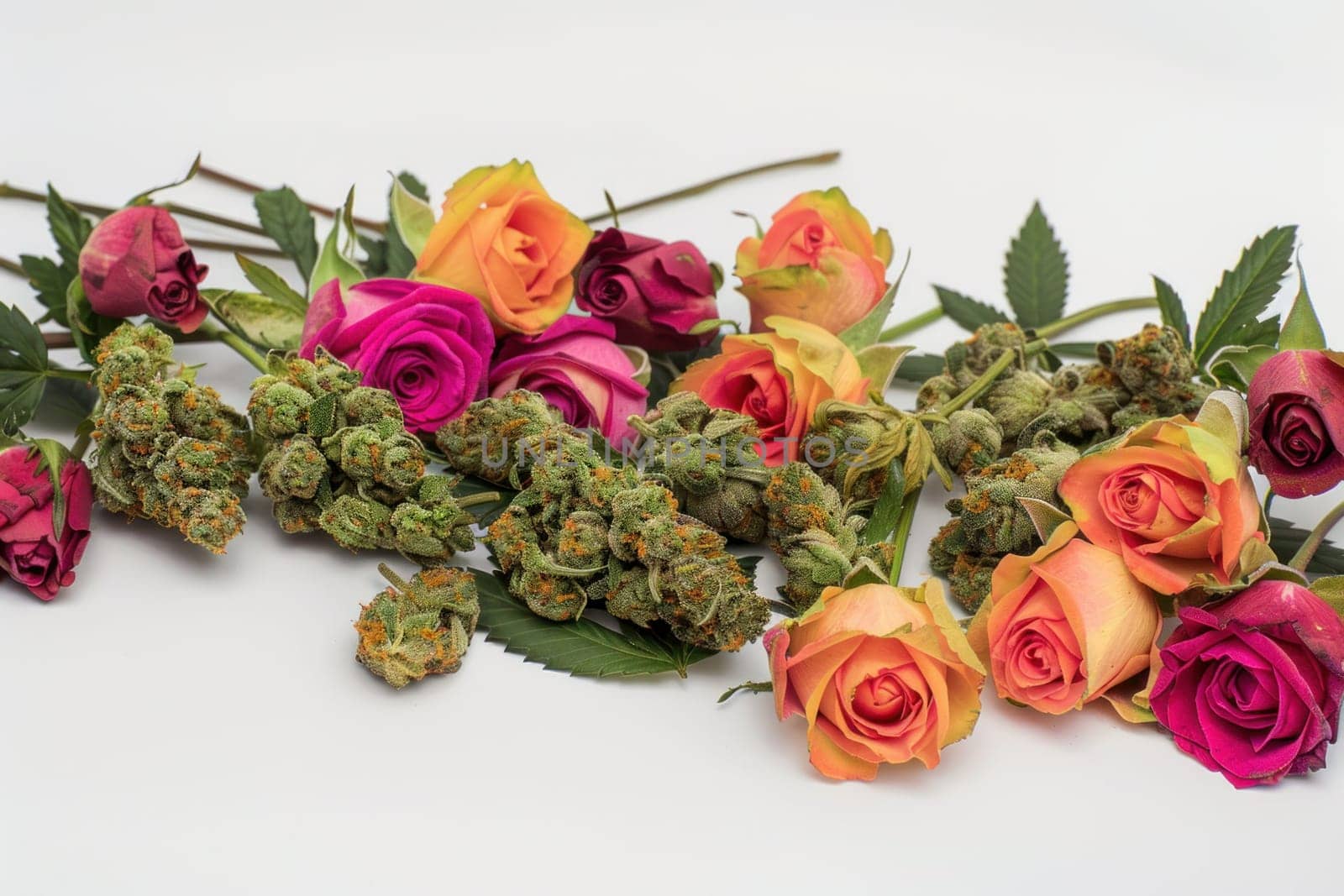 Cannabis buds and roses on white background aesthetic display of nature's beauty and medicinal potential by Vichizh