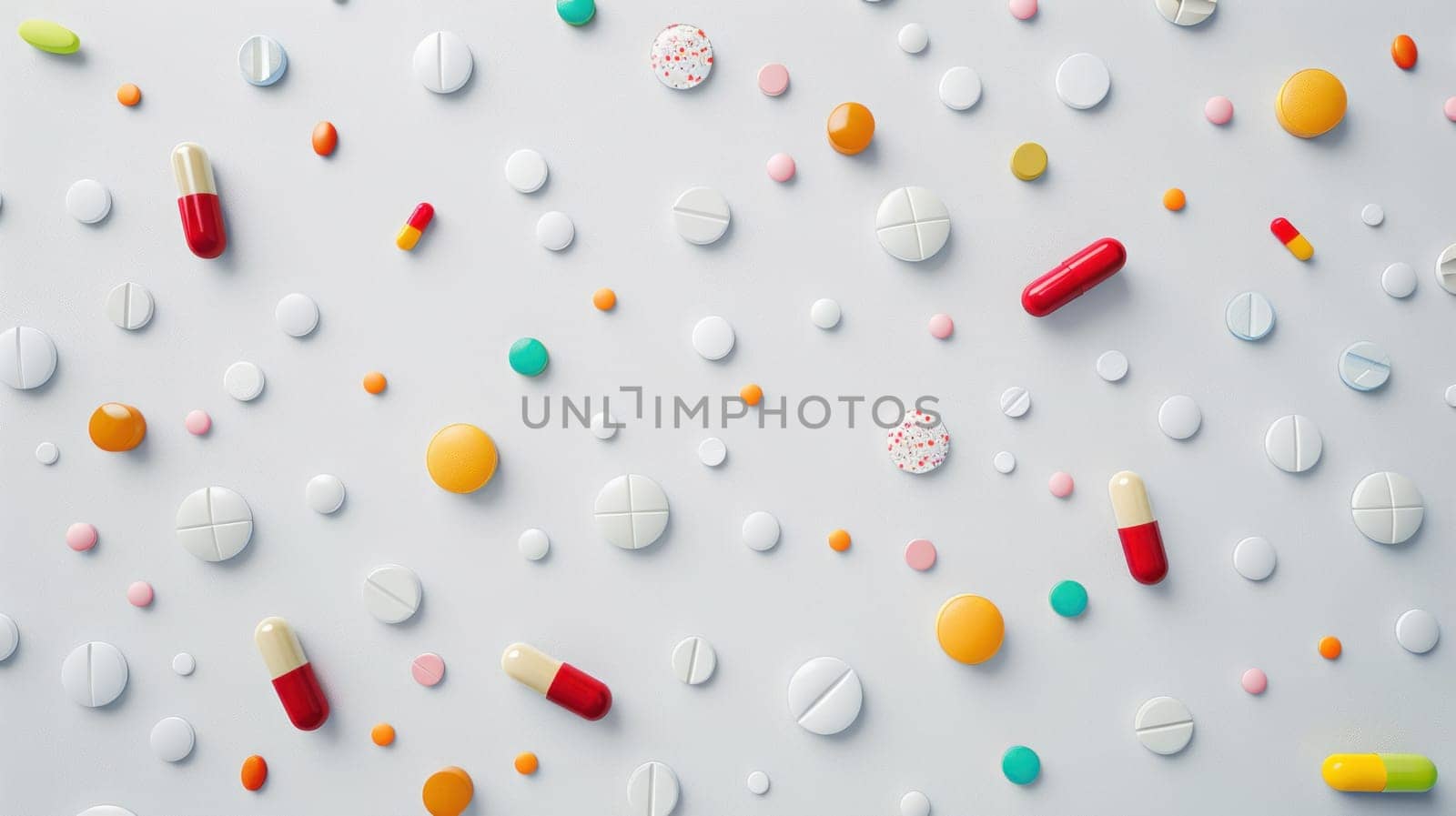 Colorful pills and tablets on a white background in 3d top view for medical concept by Vichizh