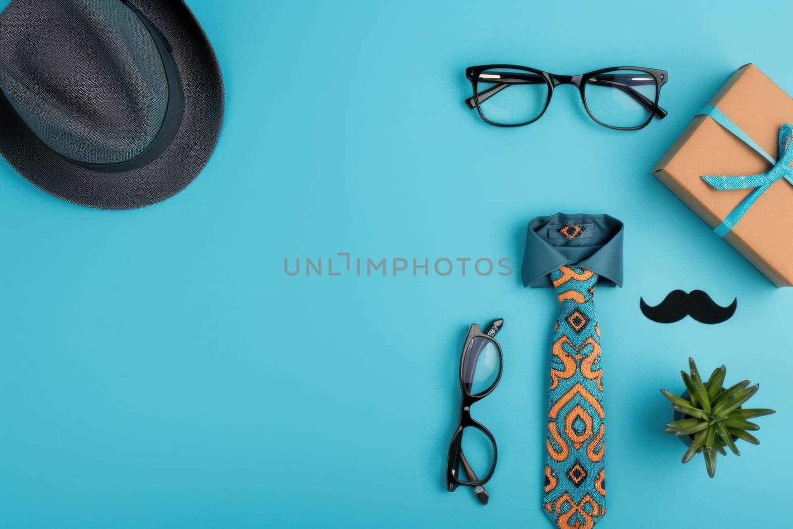 Stylish accessories and gift box arranged on blue background for a business trip or travel inspiration event