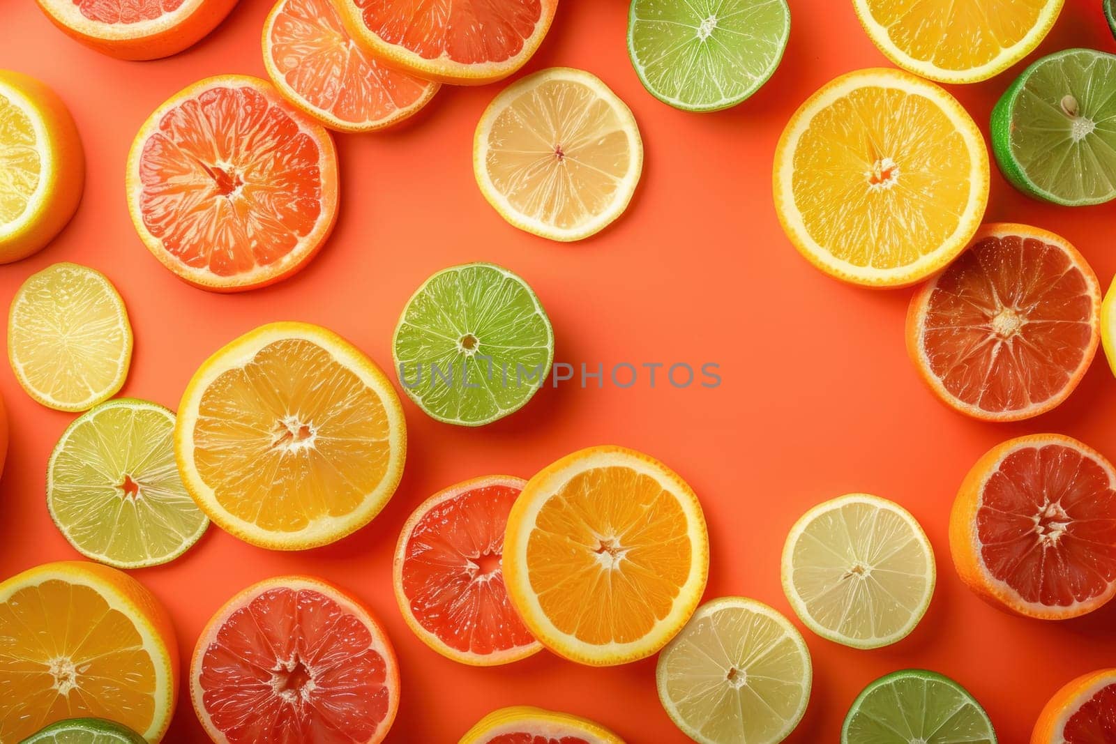 Citrus fruits top view on orange background with copy space, fresh citrus fruit arrangement for healthy lifestyle concept by Vichizh