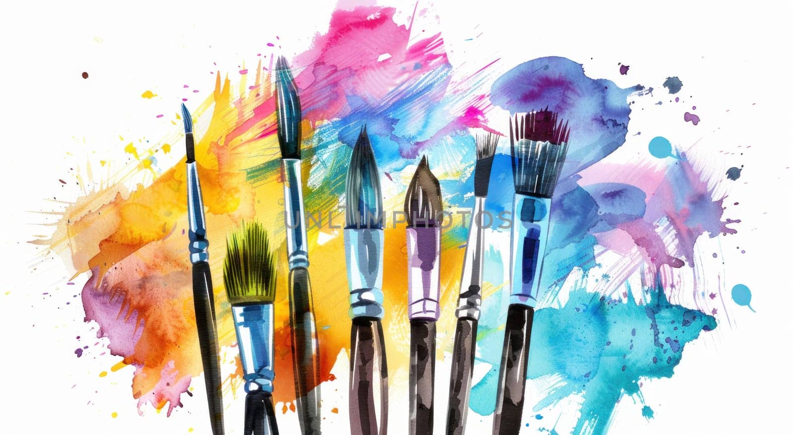 Vibrant watercolor paint brushes with colorful splashes on white background artistic creativity and design concept