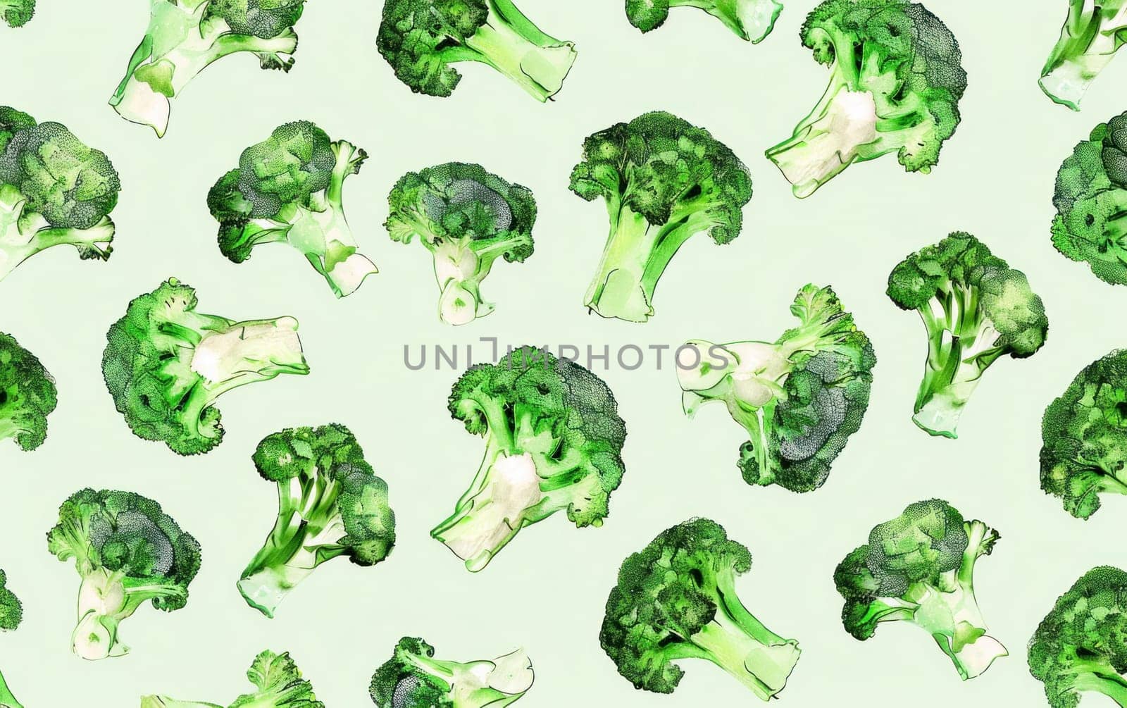 Pattern of fresh broccoli on light green background with text broccoli and green healthy food and nutrition concept