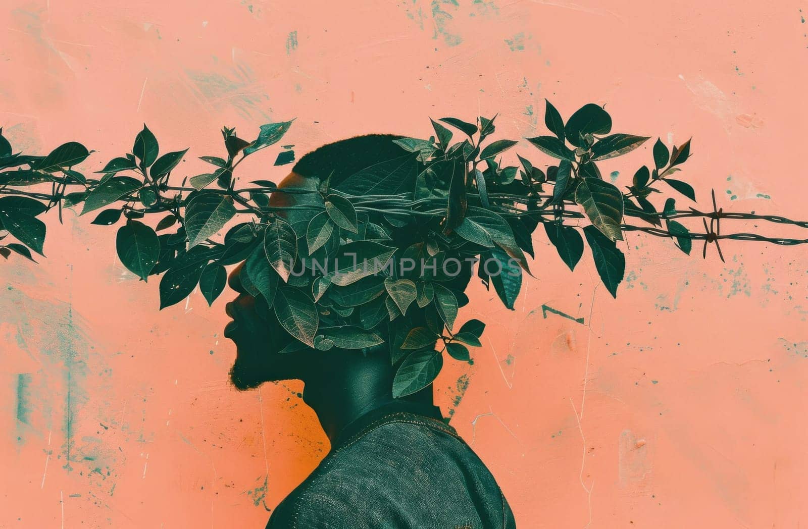 Man with leaves on his head standing in front of orange wall with plants nature inspired fashion photo shoot