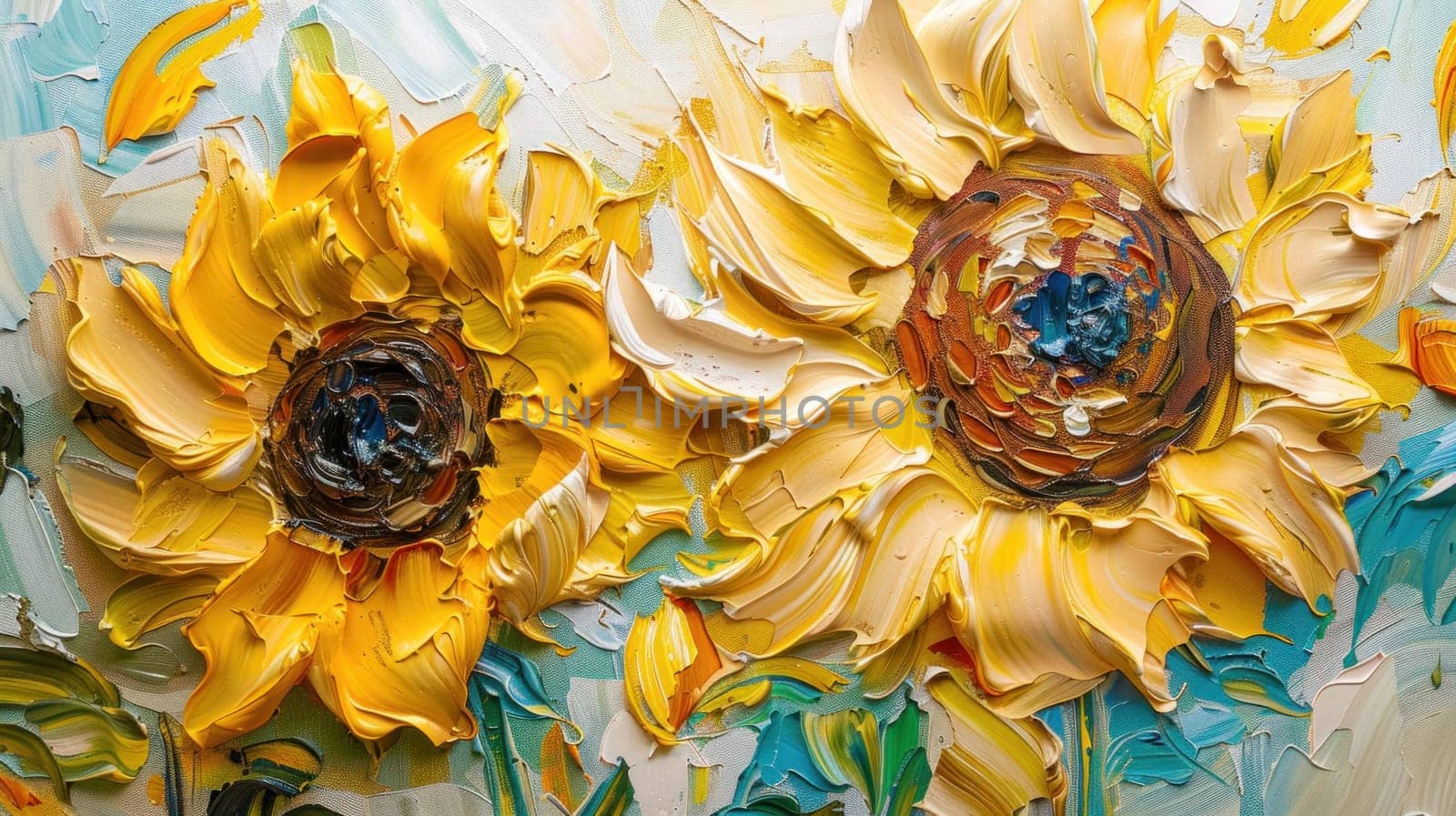 Beautiful sunflowers painting on canvas with blue background nature, art, flower, design, decorative, home, wall decor