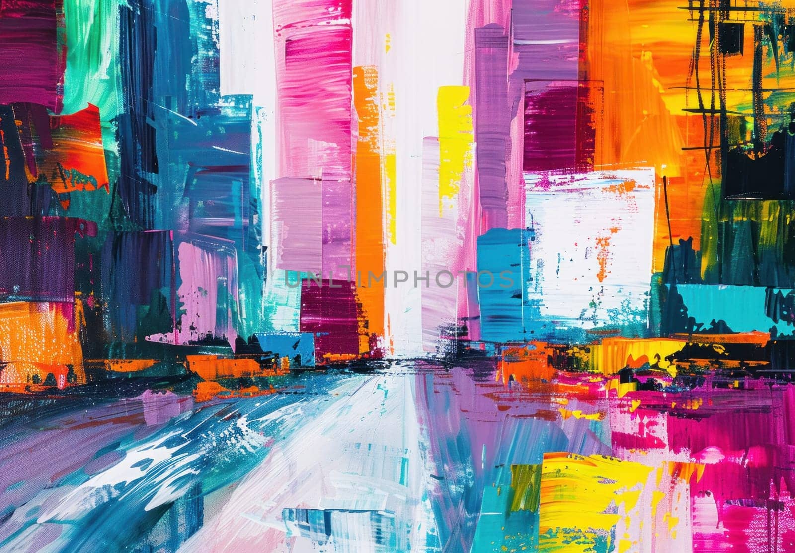 Abstract cityscape vibrant buildings in various shapes and colors representing urban diversity and creativity