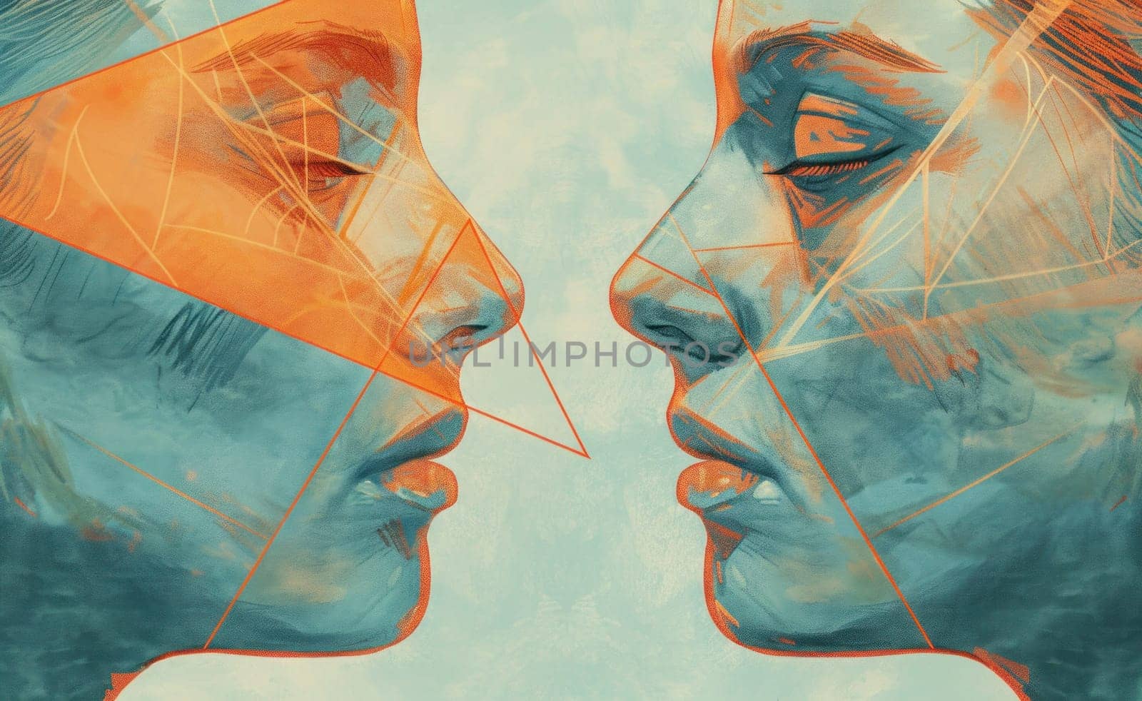 Connection and contemplation two people facing each other against a blue and orange background