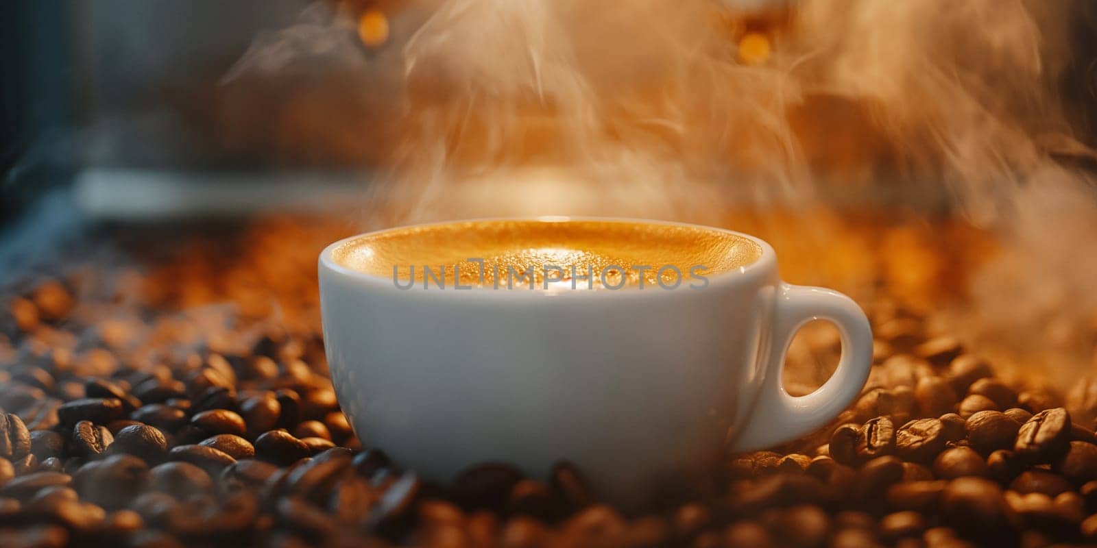 Delicious espresso coffee steaming in a white cup surrounded by freshly roasted beans