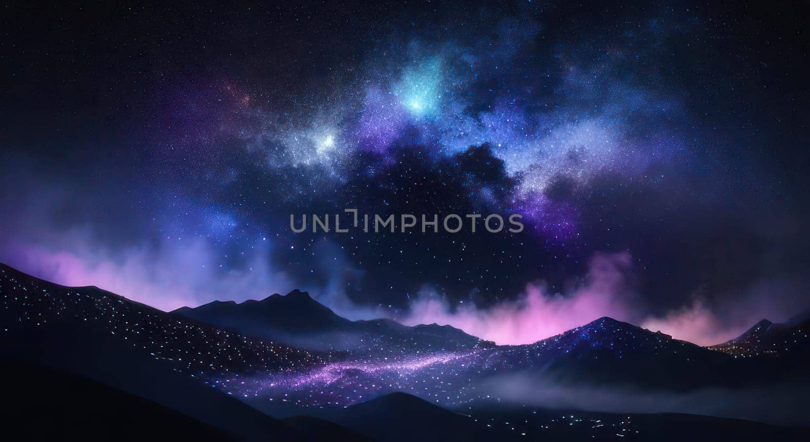 Mountains landscape with bright satars in dark, cosmic, stellar night. by VeroDibe