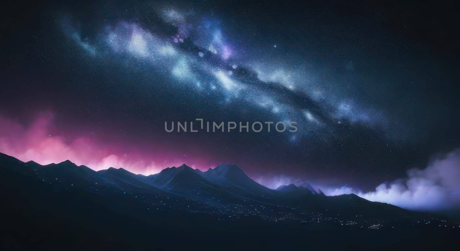 An eerie light of constellations over the mountains in dark, cosmic night. by VeroDibe