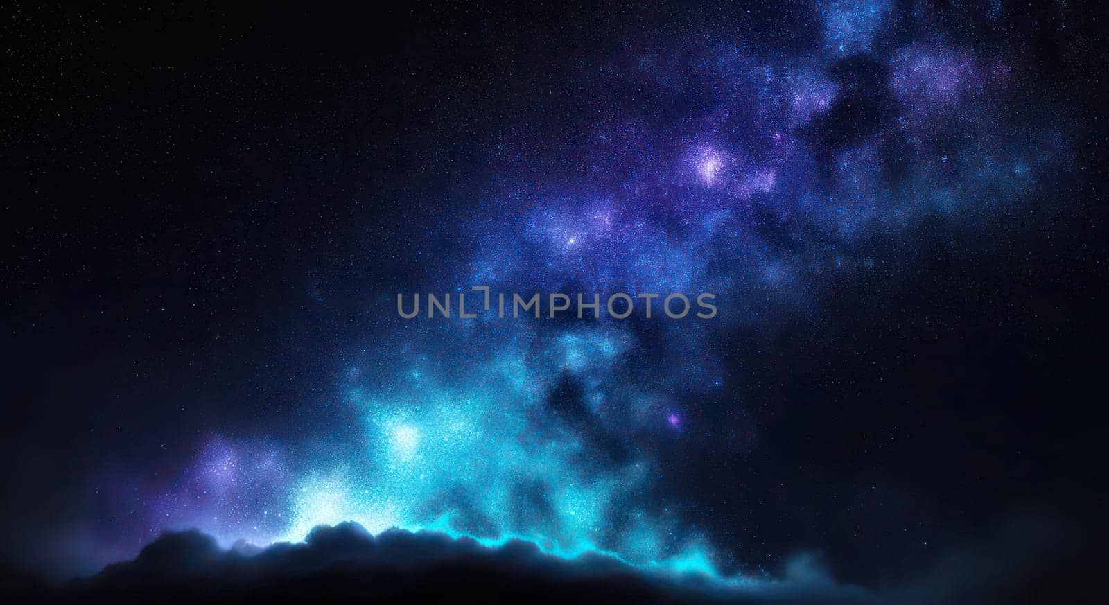 Intense light of constellations over clouds on dark, cosmic, stellar background. by VeroDibe