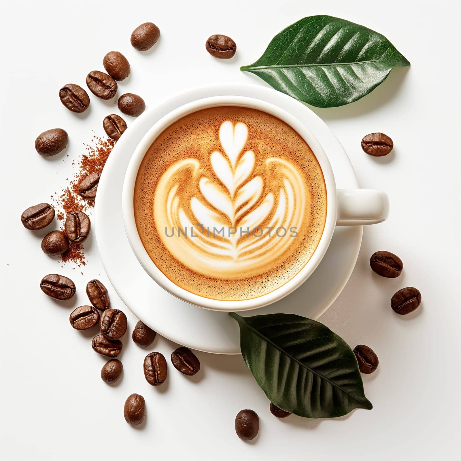 Coffee latte art with beans around a cappuccino cup, displaying beautiful foam and creamy beverage