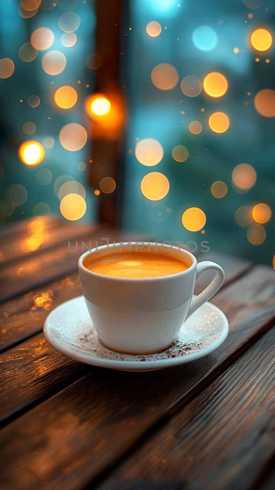 A cozy coffee cup with bokeh background on a wood table, perfect for a warm morning drink scene