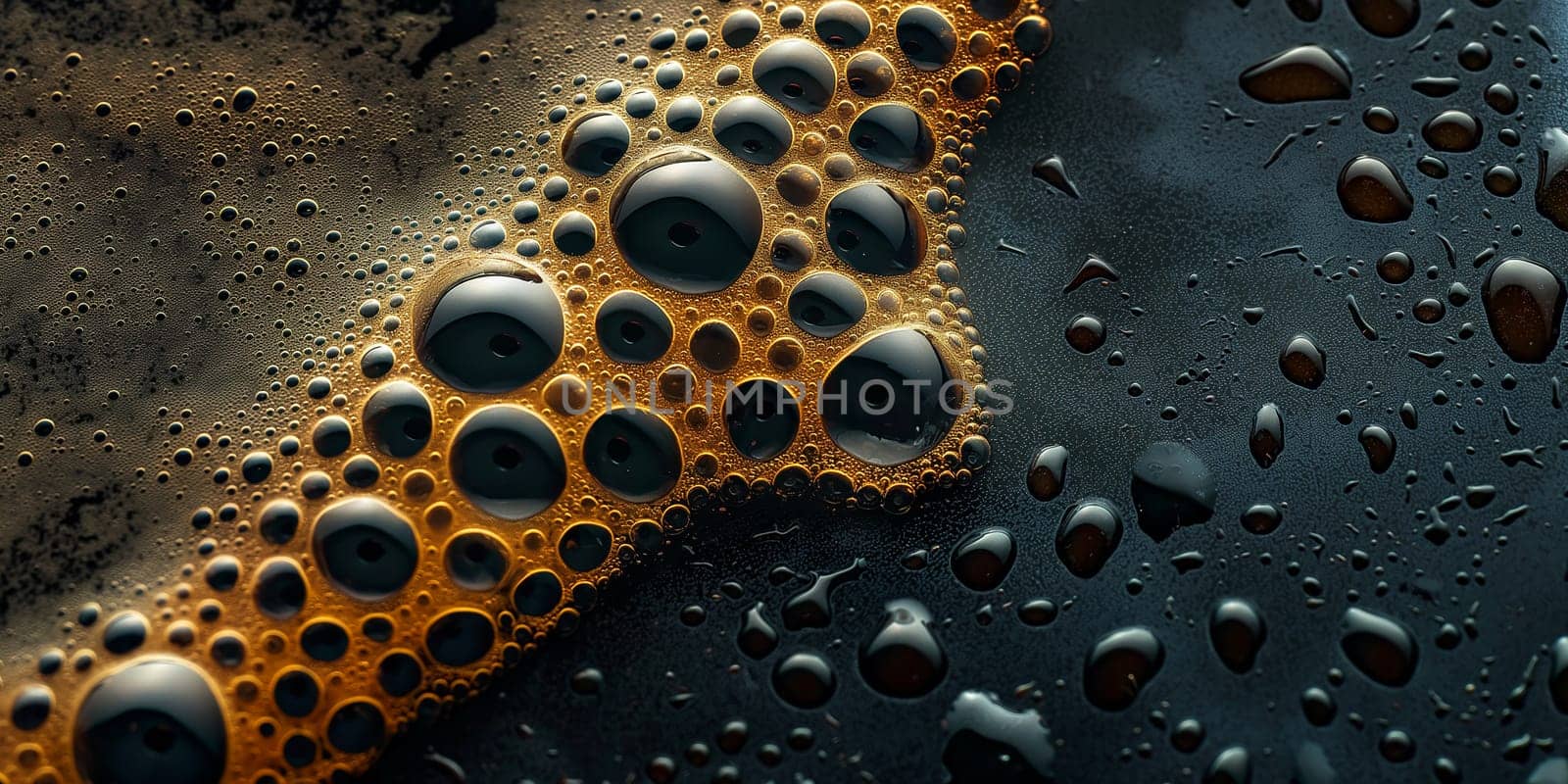 Abstract black and gold oil bubbles on liquid surface with shiny texture and unique pattern