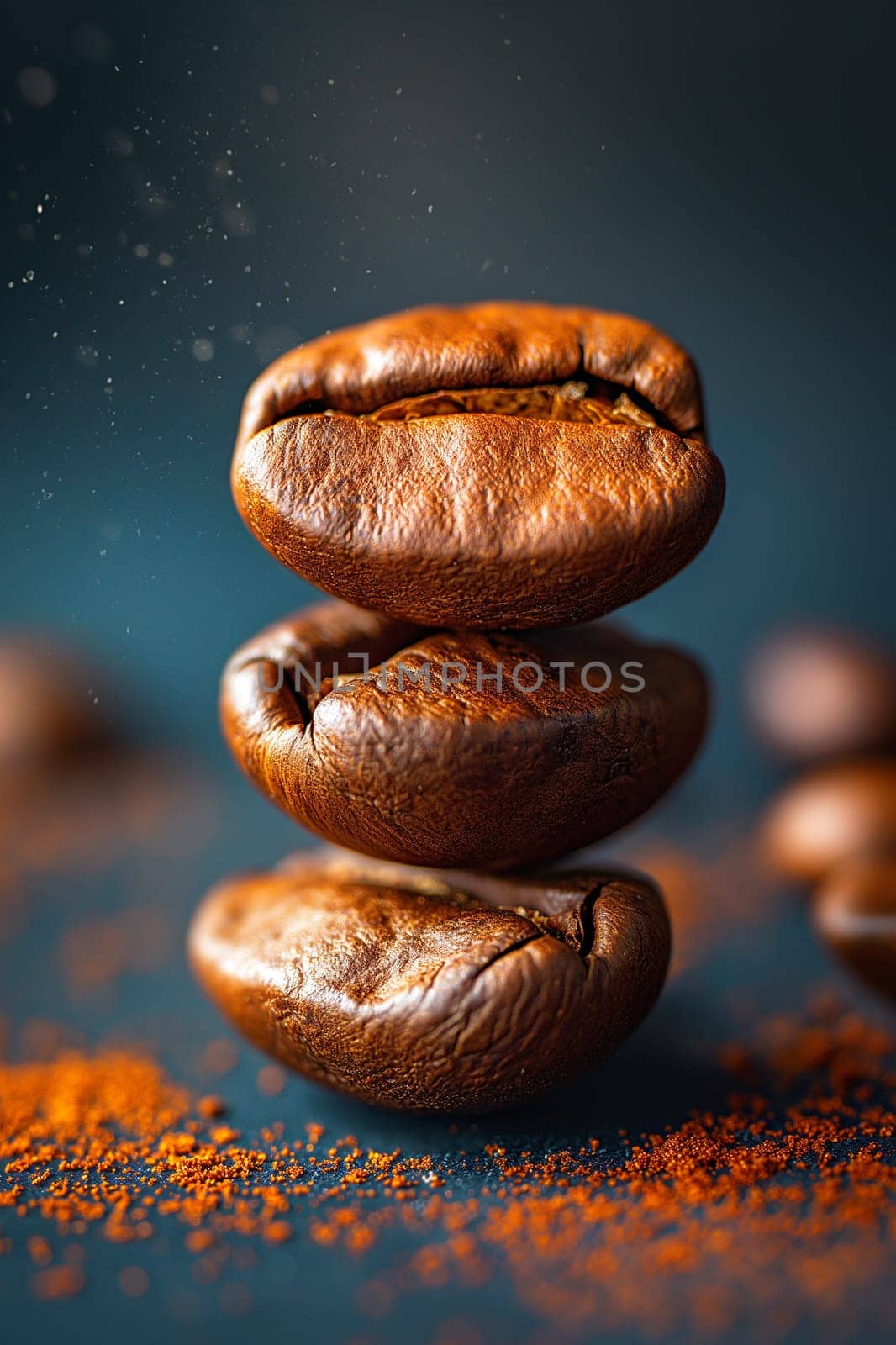 Stacked brown roasted coffee beans macro showing texture with powder in closeup background