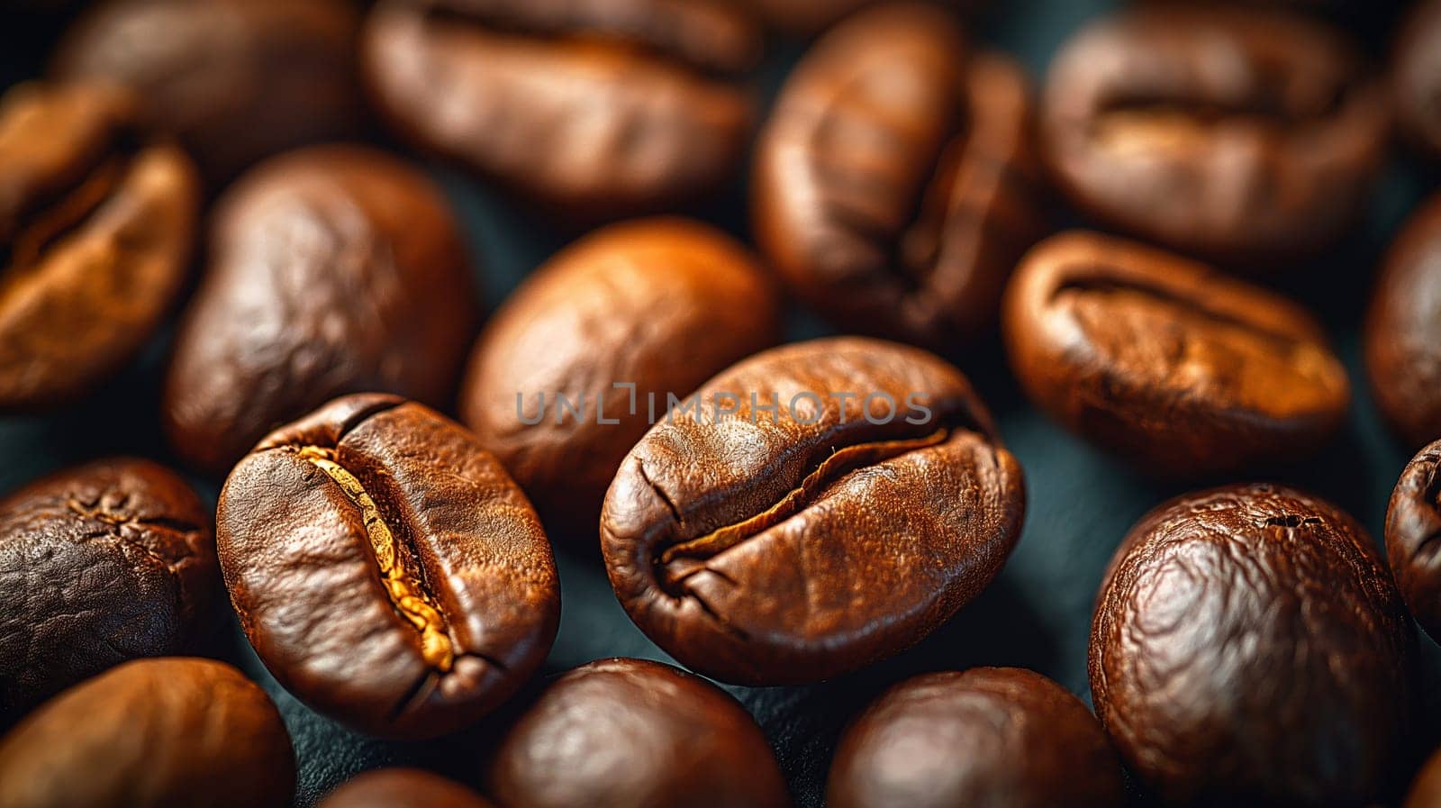 Closeup of roasted coffee beans with rich brown texture, perfect for morning espresso background