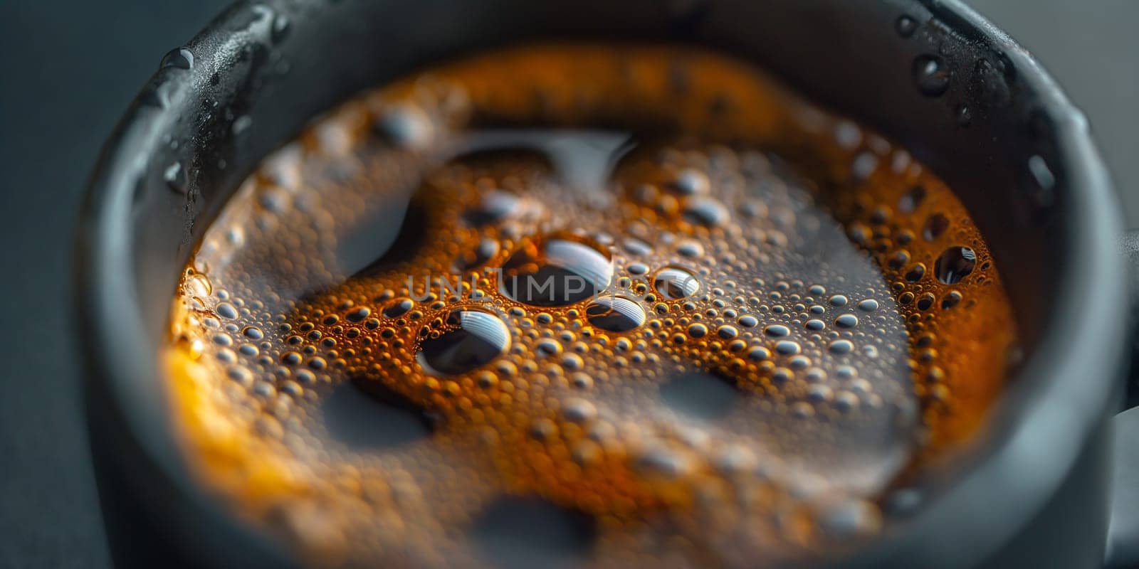 Closeup of hot black coffee with bubbles and foam in a cup for a refreshing morning drink