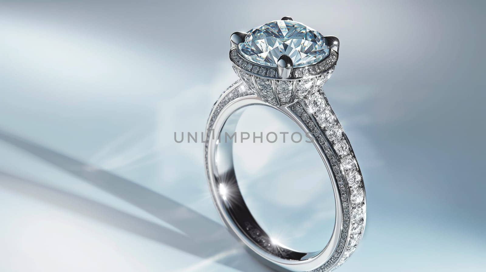 Diamond ring with sparkling gemstone silver band for engagement and wedding surrounded by bokeh