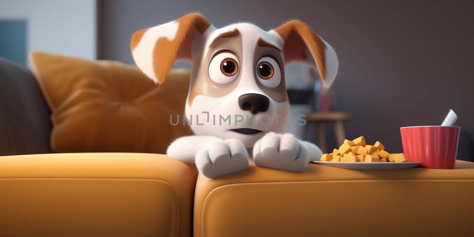 Cartoon Illustration Of A Funny Puppy Watching Tv At Home