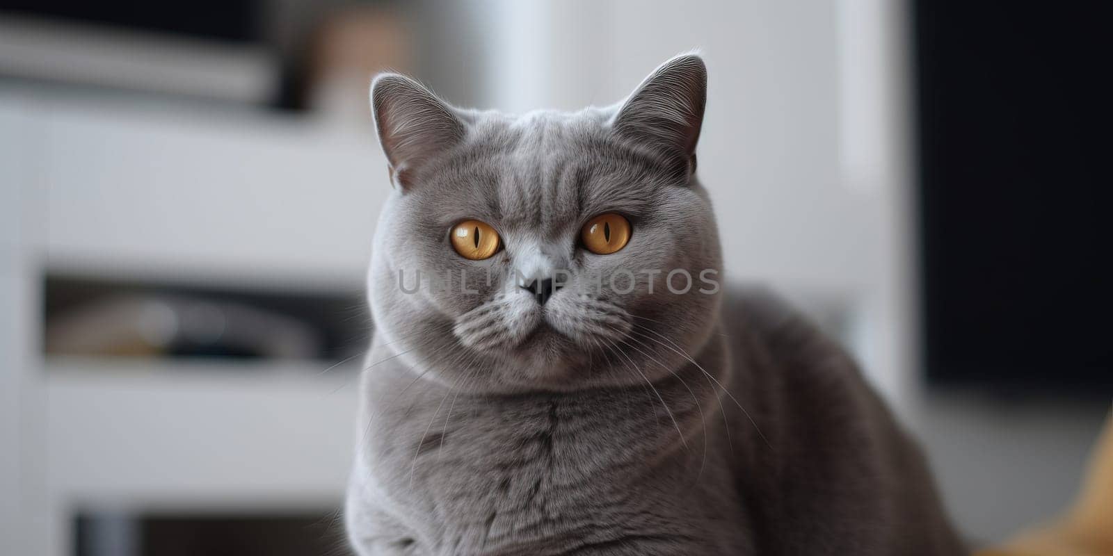 Lovely British Shorthair Breed Cat, Grey In Color, Sitting Inside