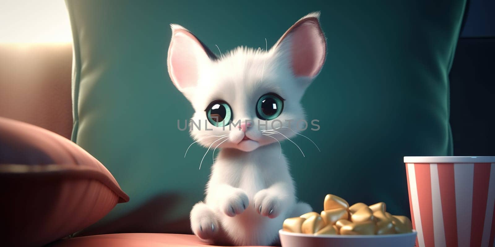 Cartoon Illustration Of A Funny White Kitten Watching Tv And Eating Popcorn