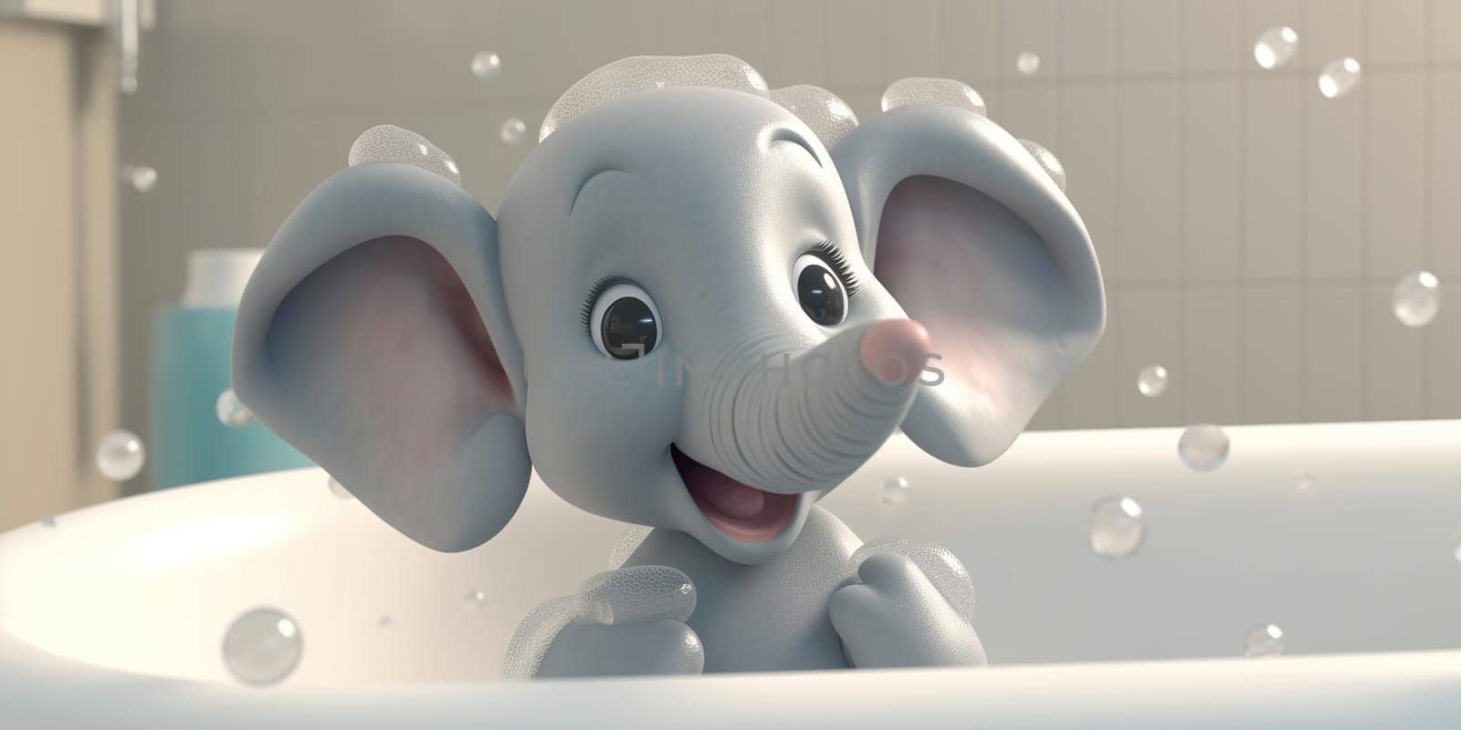 Cartoon Image Of A Funny Elephant Bathing In A Bathroom With Soap Bubbles