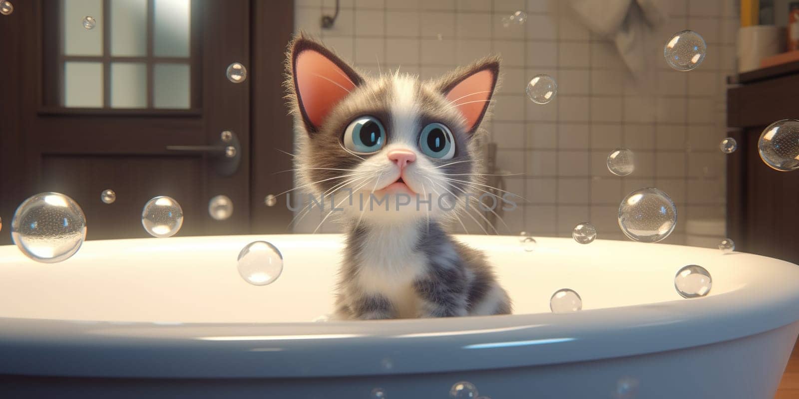 Cartoon Illustration Of A Funny Kitten Bathing With Soap Bubbles In The Bathroom
