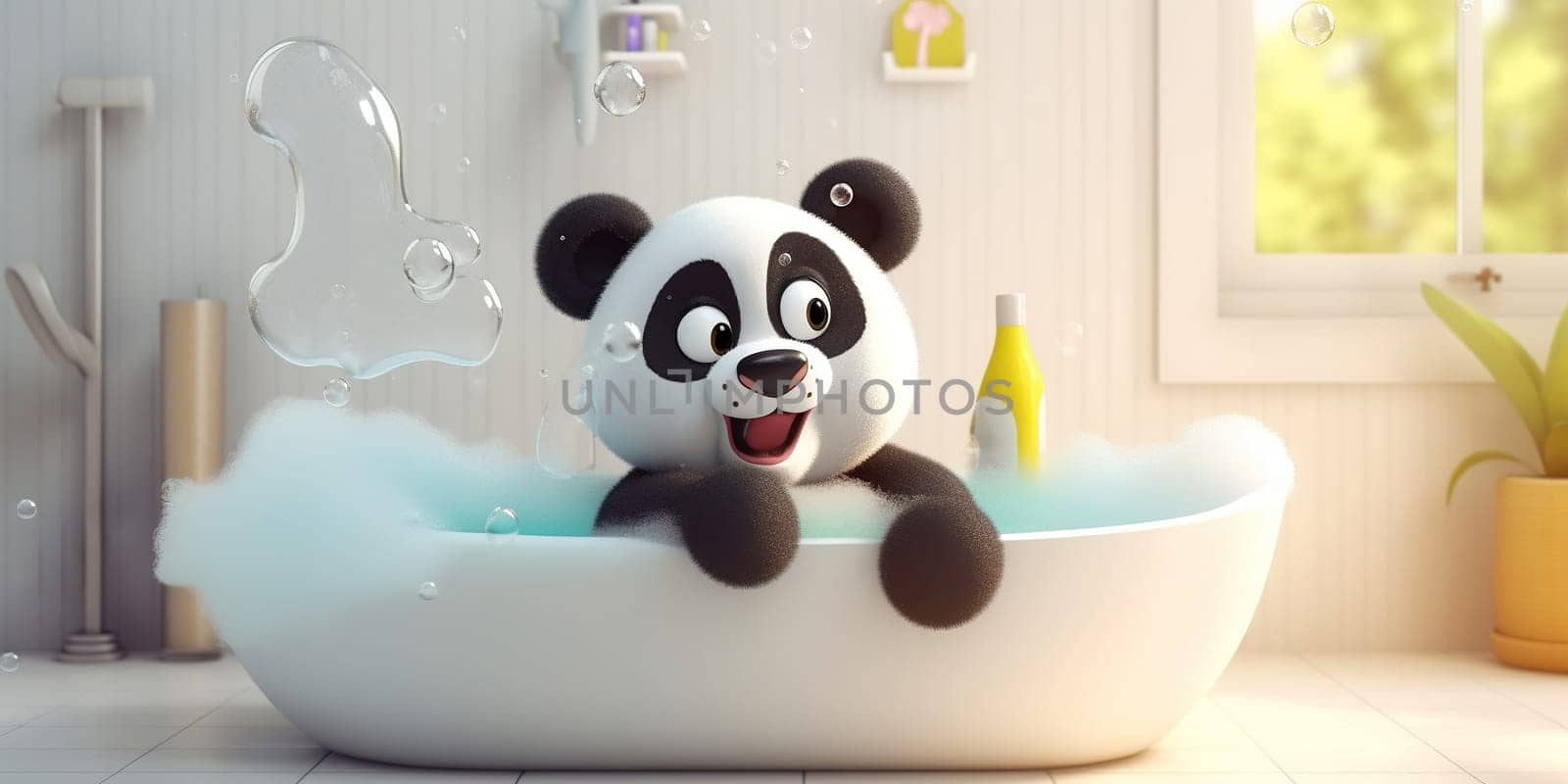 Cartoon Illustration Of A Funny Panda Washing In The Bathroom With Soap Bubbles