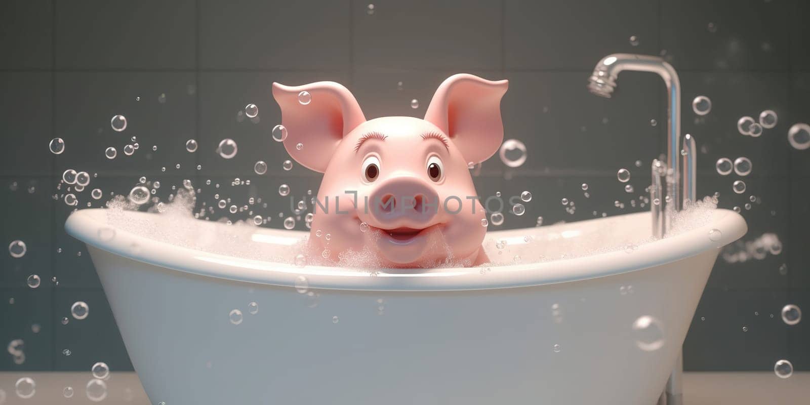 Cartoon Illustration Of A Funny Pig Washing In The Bathroom With Soap Bubbles