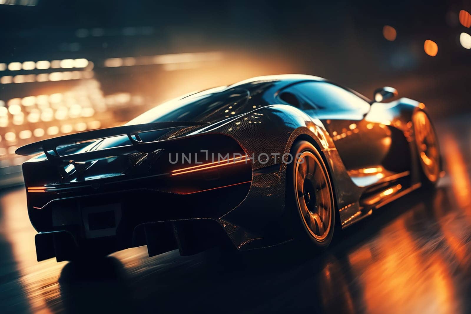 fast race car zooms on a track, lit by bright lights