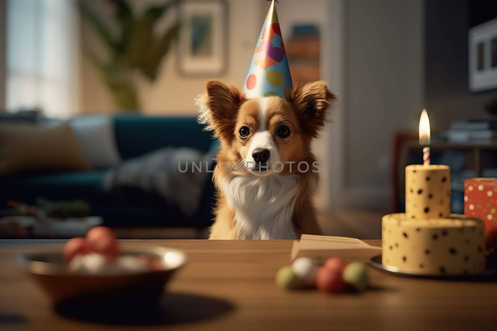 3D Dog In Party Hat With Gift, Sitting At Table On Birthday