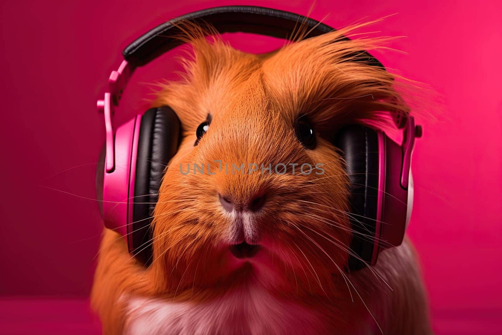 Adorable Guinea Pig Wearing Headphones Against A Deep Red Background